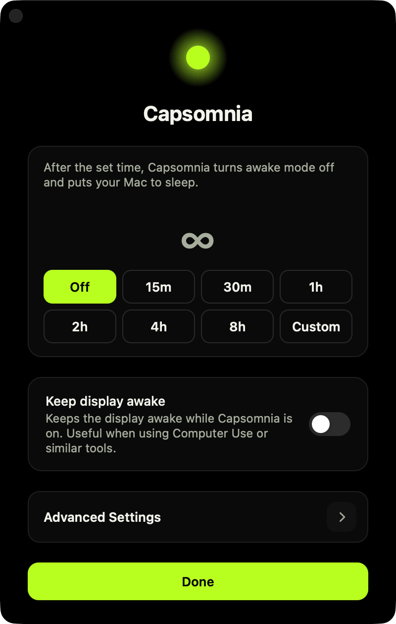 Capsomnia settings in English, with the timer, Keep display awake, and Advanced Settings