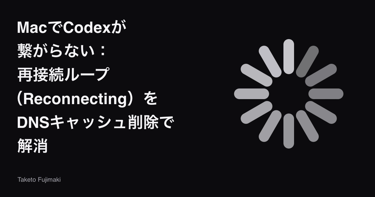 MacでCodexが繋がらない症状とDNSキャッシュ削除による解消を示すタイトルと、グレーの再接続スピナー